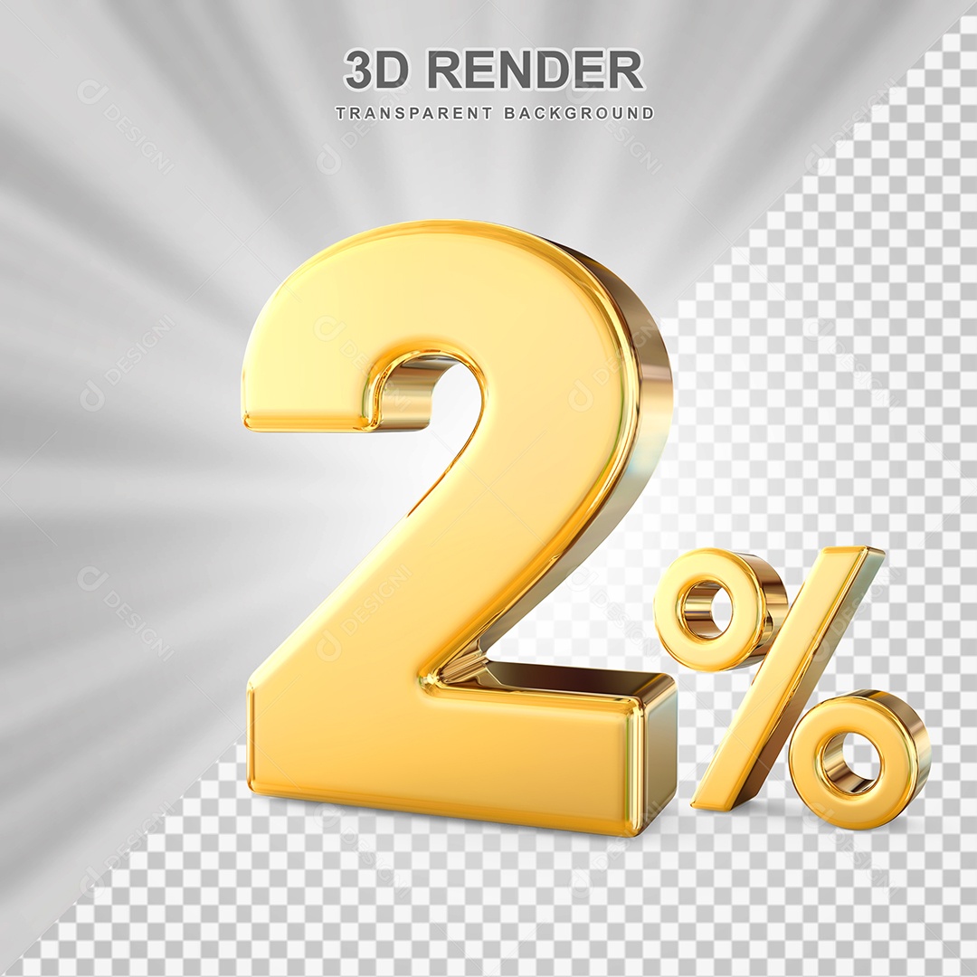 Número de Desconto 2% Elemento 3D Dourado para Composição PSD