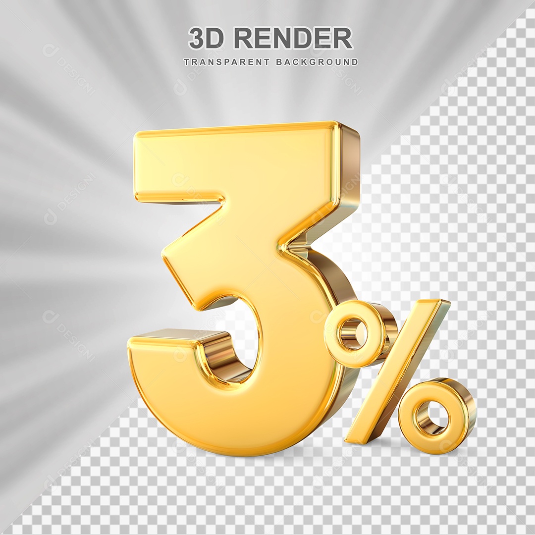 Número de Desconto 3% Elemento 3D Dourado para Composição PSD