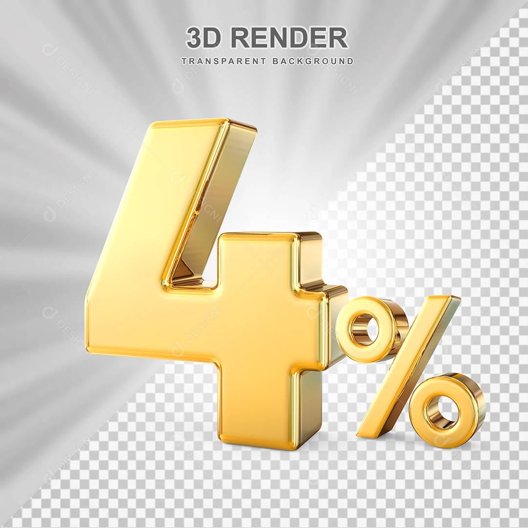 Número de Desconto 4% Elemento 3D Dourado para Composição PSD