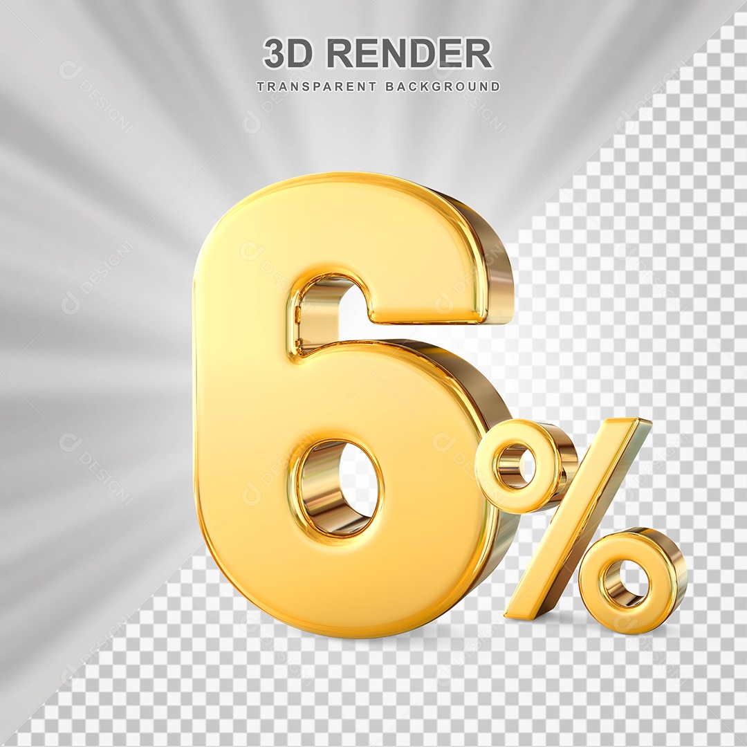 Número de Desconto 6% Elemento 3D Dourado para Composição PSD