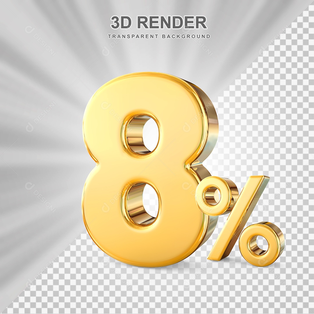 Número de Desconto 8% Elemento 3D Dourado para Composição PSD