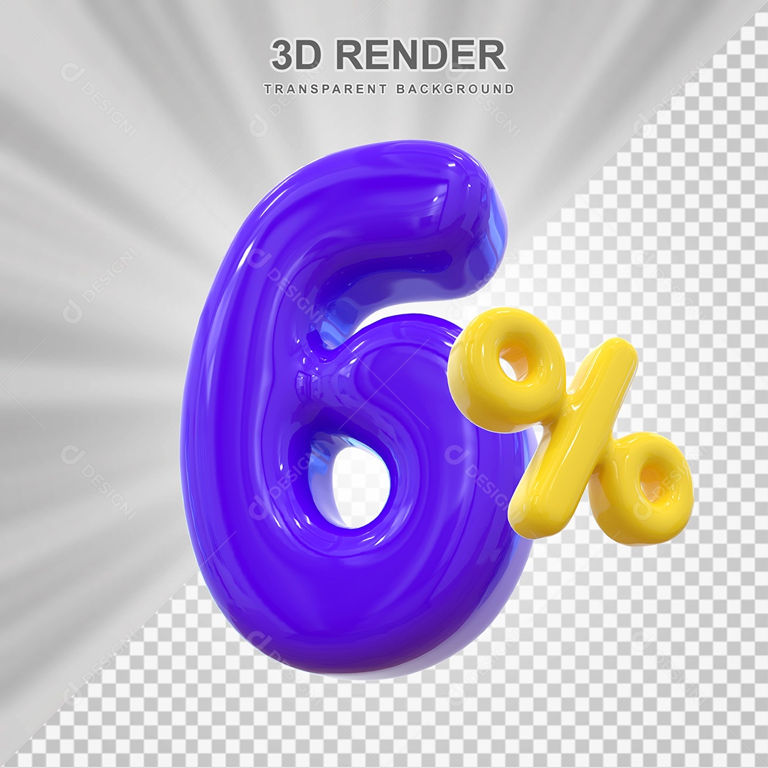 Número de Desconto 6% Elemento 3D Roxo para Composição PSD