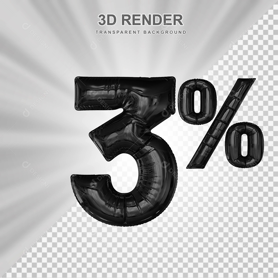 Número de Desconto 3% Elemento 3D Preto para Composição PSD