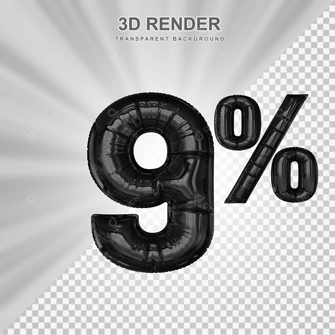 Número de Desconto 9% Elemento 3D Preto para Composição PSD