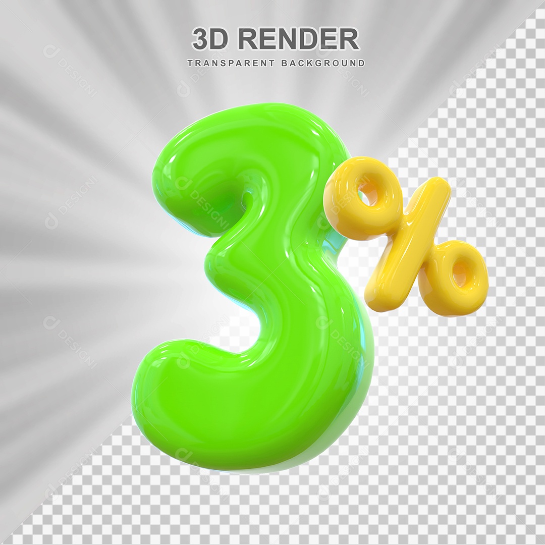 Número de Desconto 3% Elemento 3D Verde para Composição PSD
