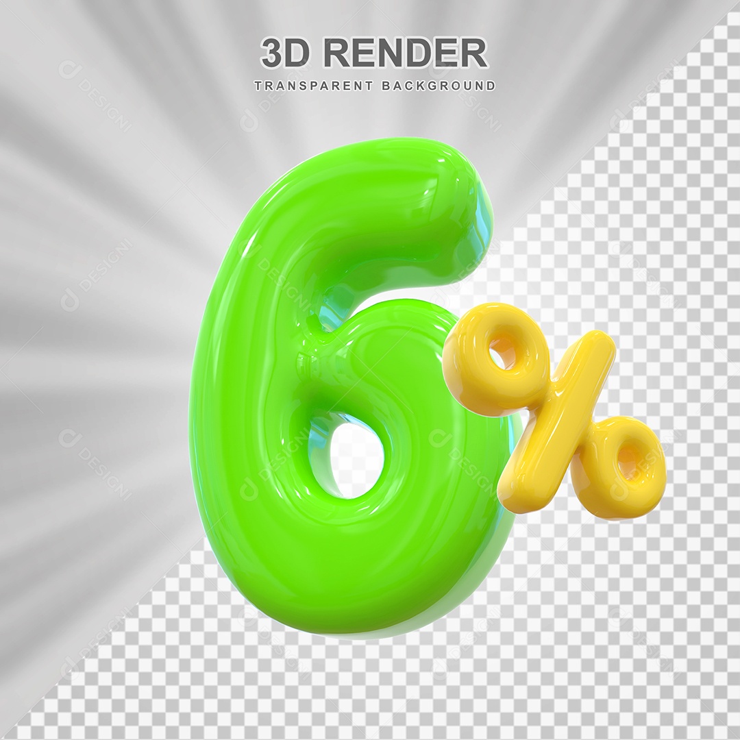Número de Desconto 6% Elemento 3D Verde para Composição PSD