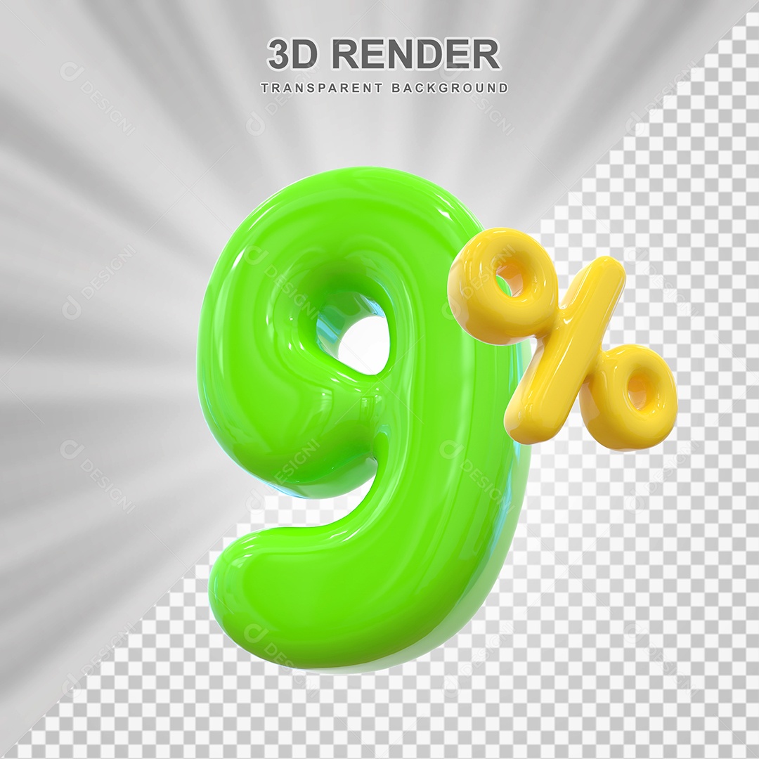 Número de Desconto 9% Elemento 3D Verde para Composição PSD
