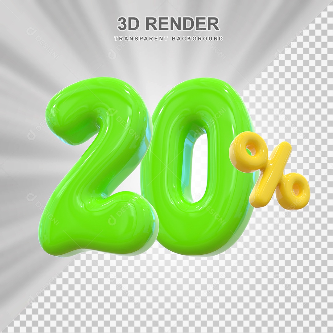 Número de Desconto 20% Elemento 3D Verde para Composição PSD