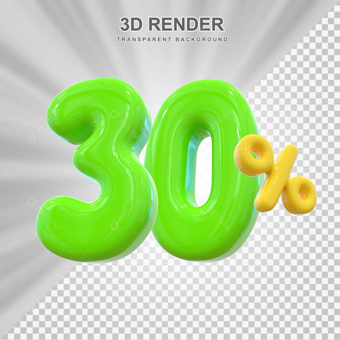 Número de Desconto 30% Elemento 3D Verde para Composição PSD