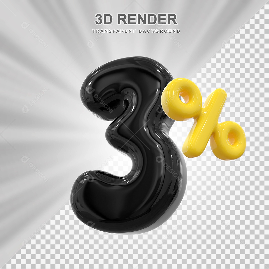 Número de Desconto 3% Elemento 3D Preto para Composição PSD