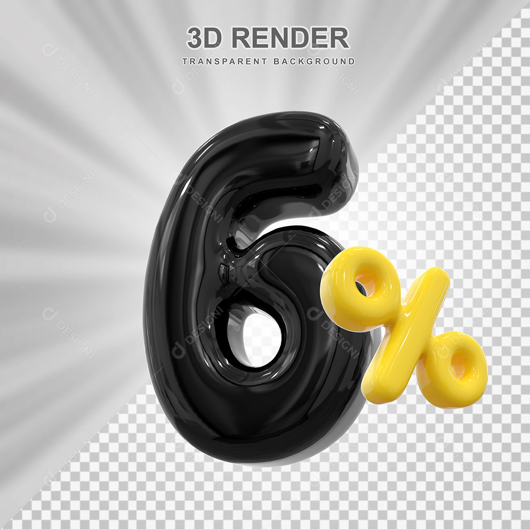 Número de Desconto 6% Elemento 3D Preto para Composição PSD