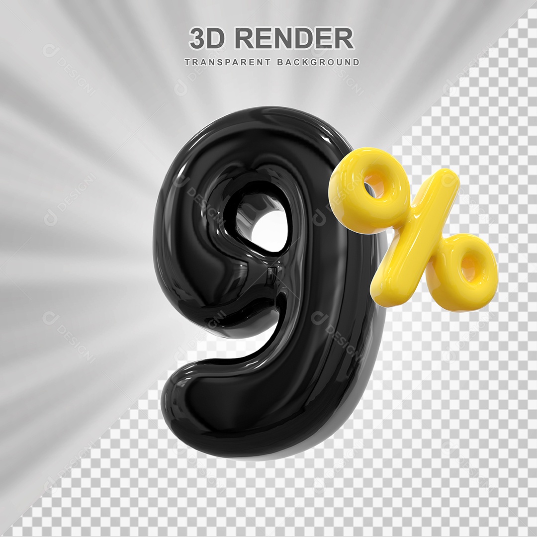 Número de Desconto 9% Elemento 3D Preto para Composição PSD