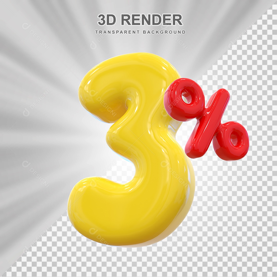 Número de Desconto 3% Elemento 3D Dourado para Composição PSD
