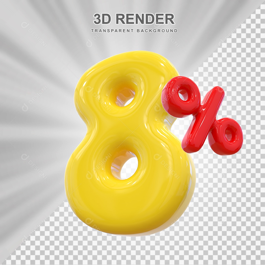 Número de Desconto 8% Elemento 3D Dourado para Composição PSD