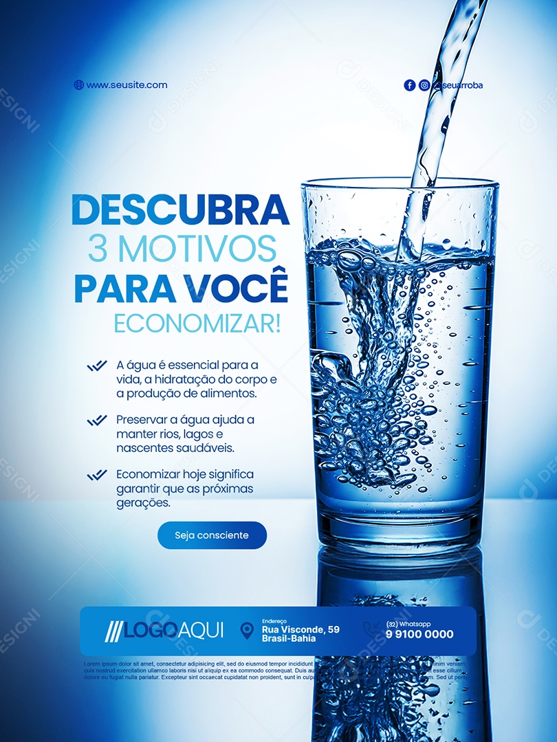 Concessionária de Água Descubra Três Motivos para Você Economizar Social Media PSD Editável
