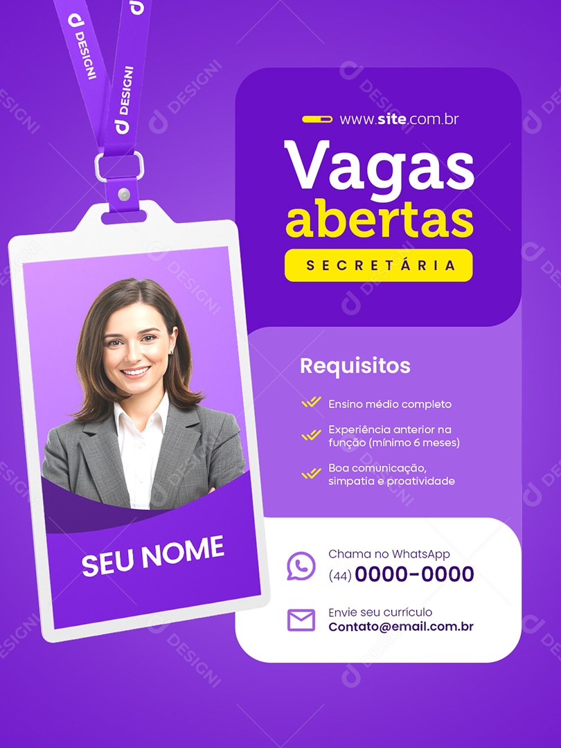 Vaga de Emprego Vagas Abertas Secretária Social Media PSD Editável