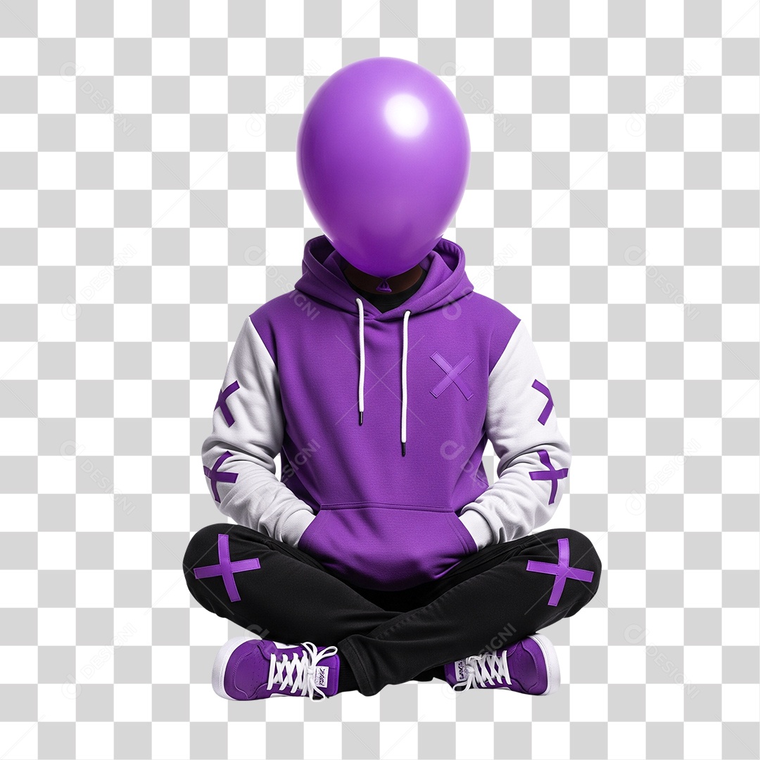 Pessoa Sentada com Moletom Roxo e Cabeça de Balão PNG Transparente