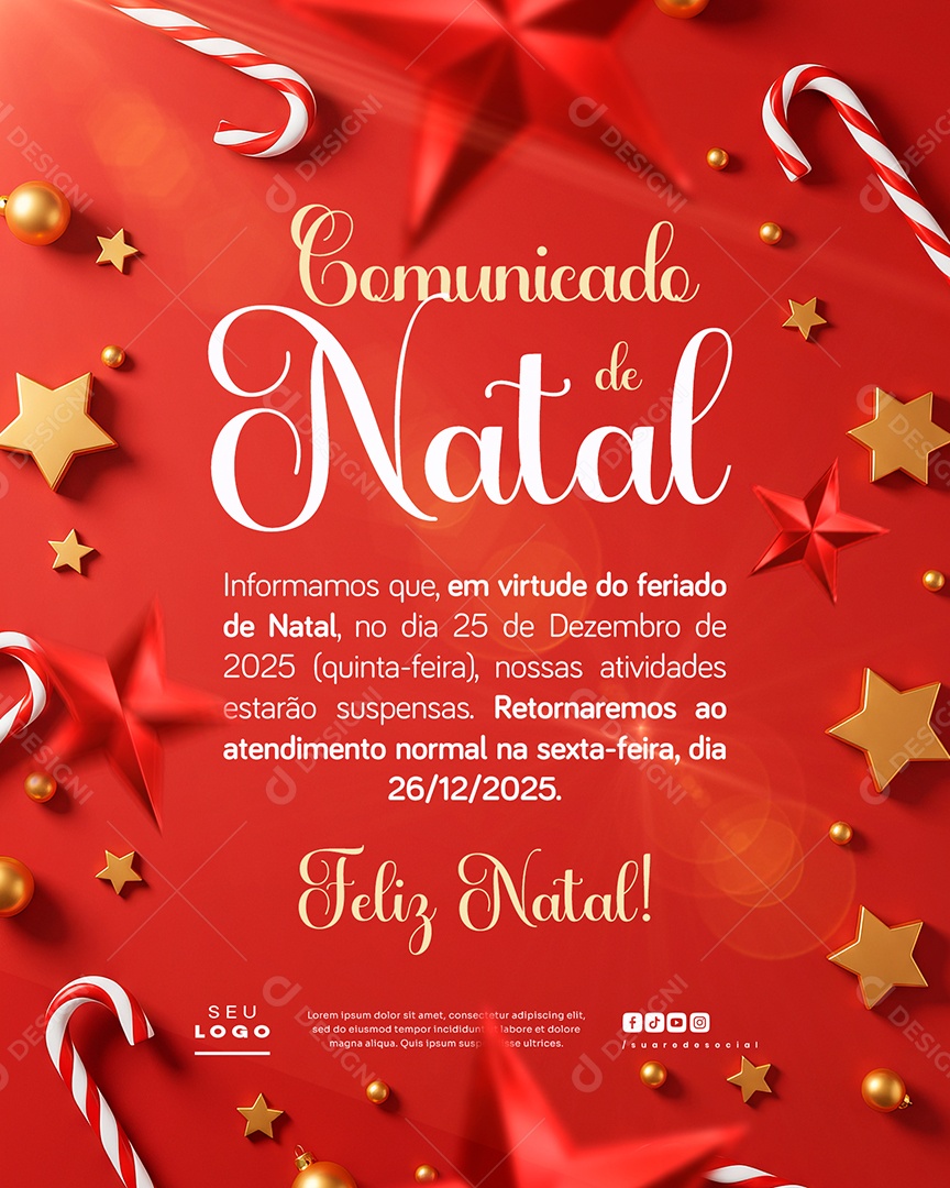 Comunicado De Feriado Feliz Natal Social Media PSD Editável