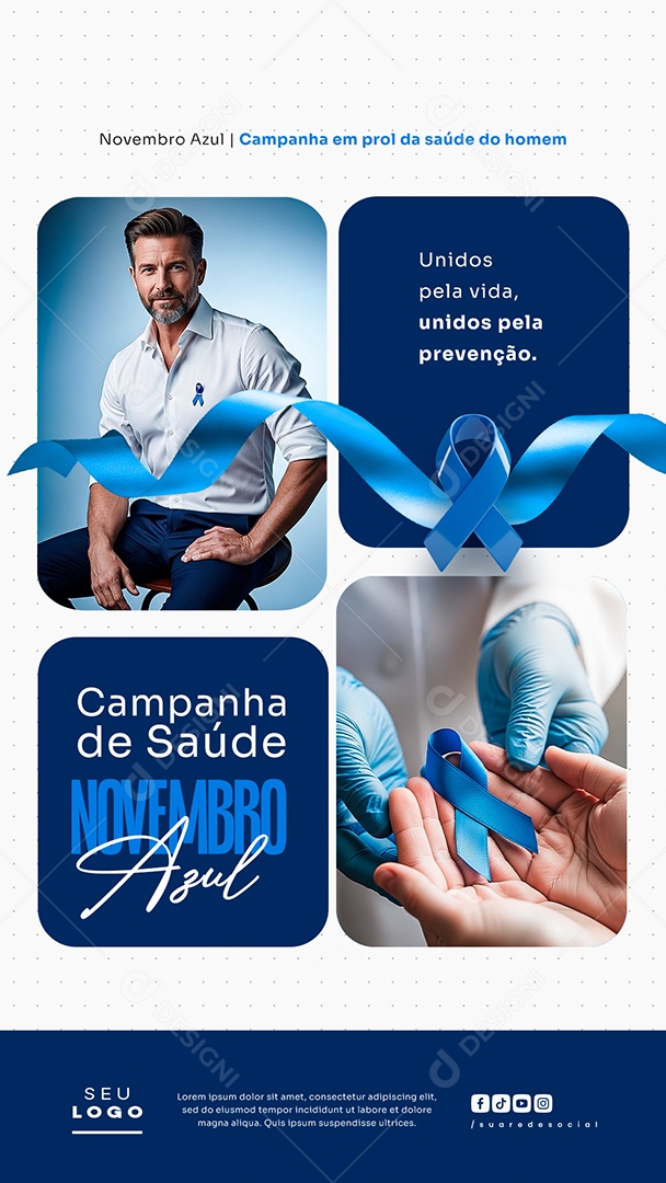 Novembro Azul Mês de Combate ao Câncer de Próstata Campanha Mundial de Saúde Unidos Pela Vida Story Social Media PSD Editável