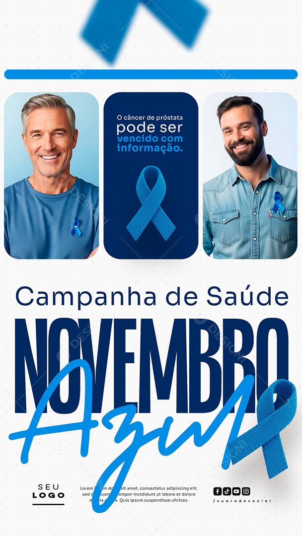 Novembro Azul Mês de Combate ao Câncer de Próstata Campanha Mundial de Saúde Vencido com Informação Story Social Media PSD Editável