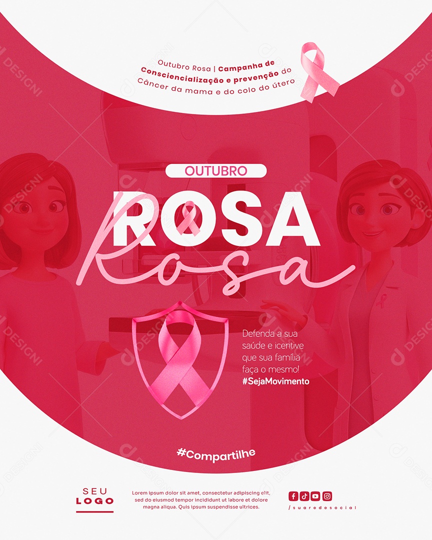 Outubro Rosa Campanha de Consciencialização e Prevenção do Câncer da Mama e do Colo do Útero Defenda a Dua Saúde Social Media PSD Editável
