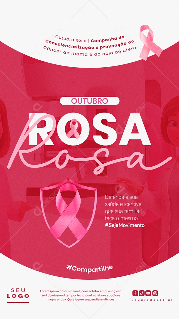 Outubro Rosa Campanha de Consciencialização e Prevenção do Câncer da Mama e do Colo do Útero Defenda a Dua Saúde Story Social Media PSD Editável