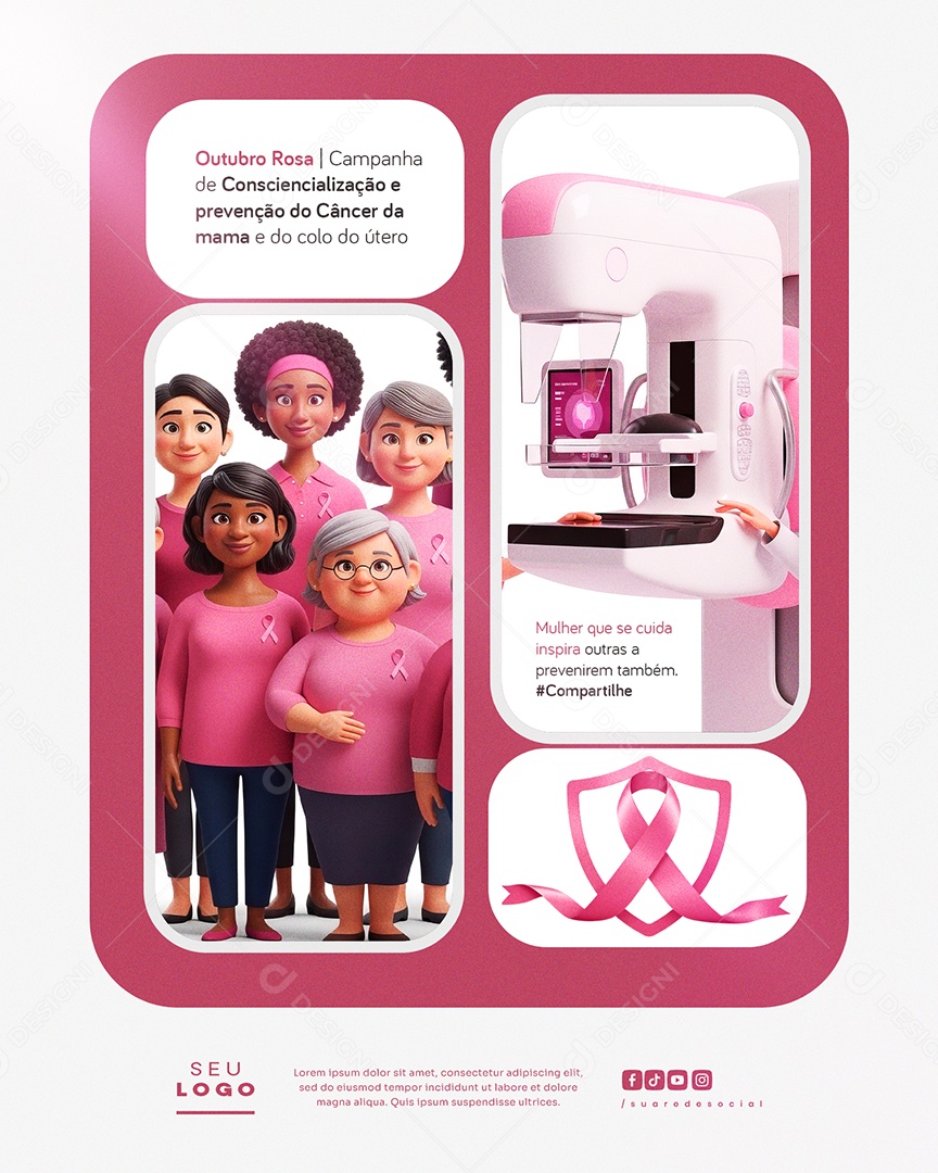 Outubro Rosa Campanha de Consciencialização e Prevenção do Câncer da Mama e do Colo do Útero Mulher que se Cuida Inspira Social Media PSD Editável