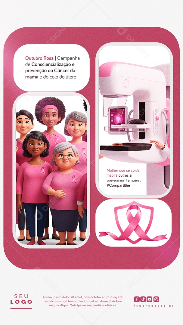 Outubro Rosa Campanha de Consciencialização e Prevenção do Câncer da Mama e do Colo do Útero Mulher que se Cuida Inspira Story Social Media PSD Editável