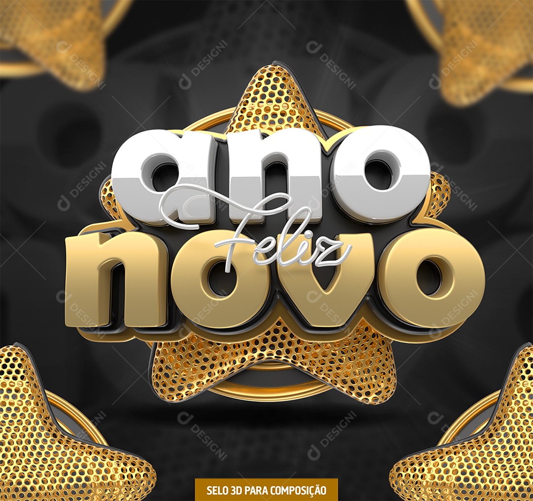 Feliz Ano Novo Selo 3D Branco e Dourado para Composição PSD