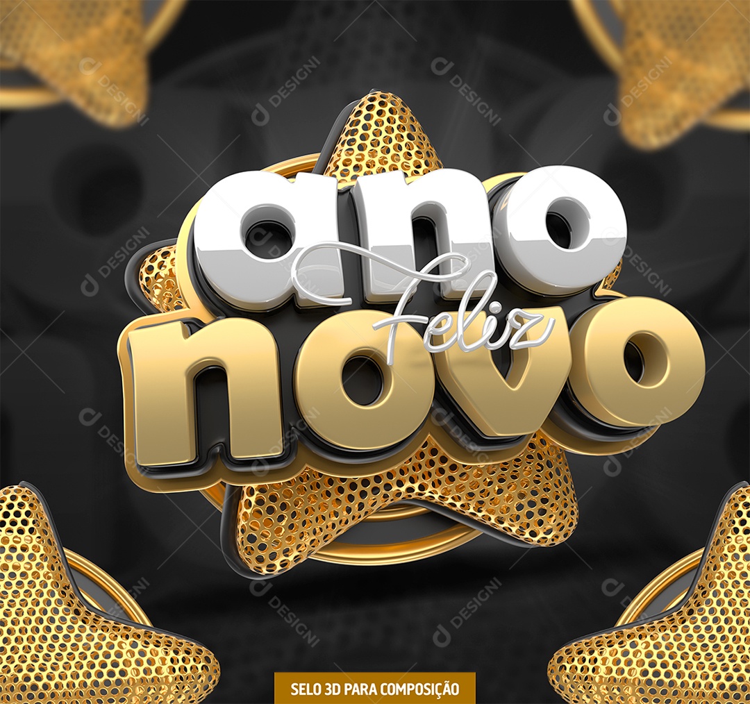 Feliz Ano Novo Selo 3D Branco e Dourado para Composição PSD