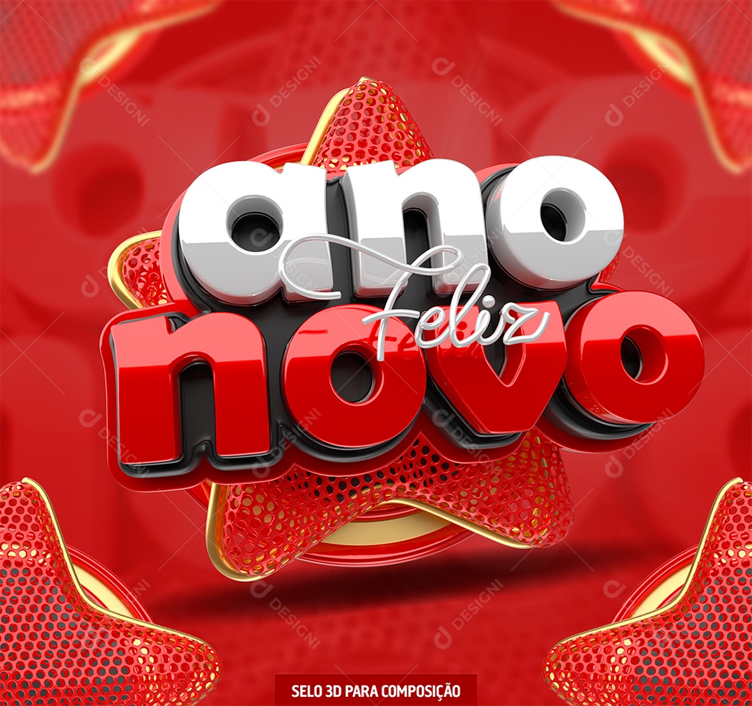 Feliz Ano Novo Selo 3D Branco e Vermelho para Composição PSD