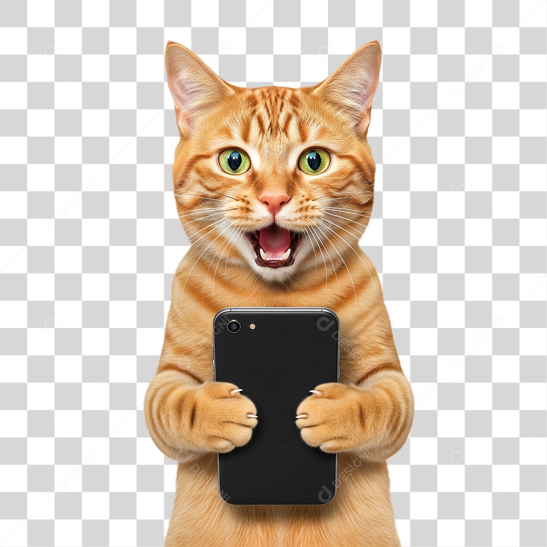 Gato Laranja Segurando Celular e Sorrindo PNG Transparente