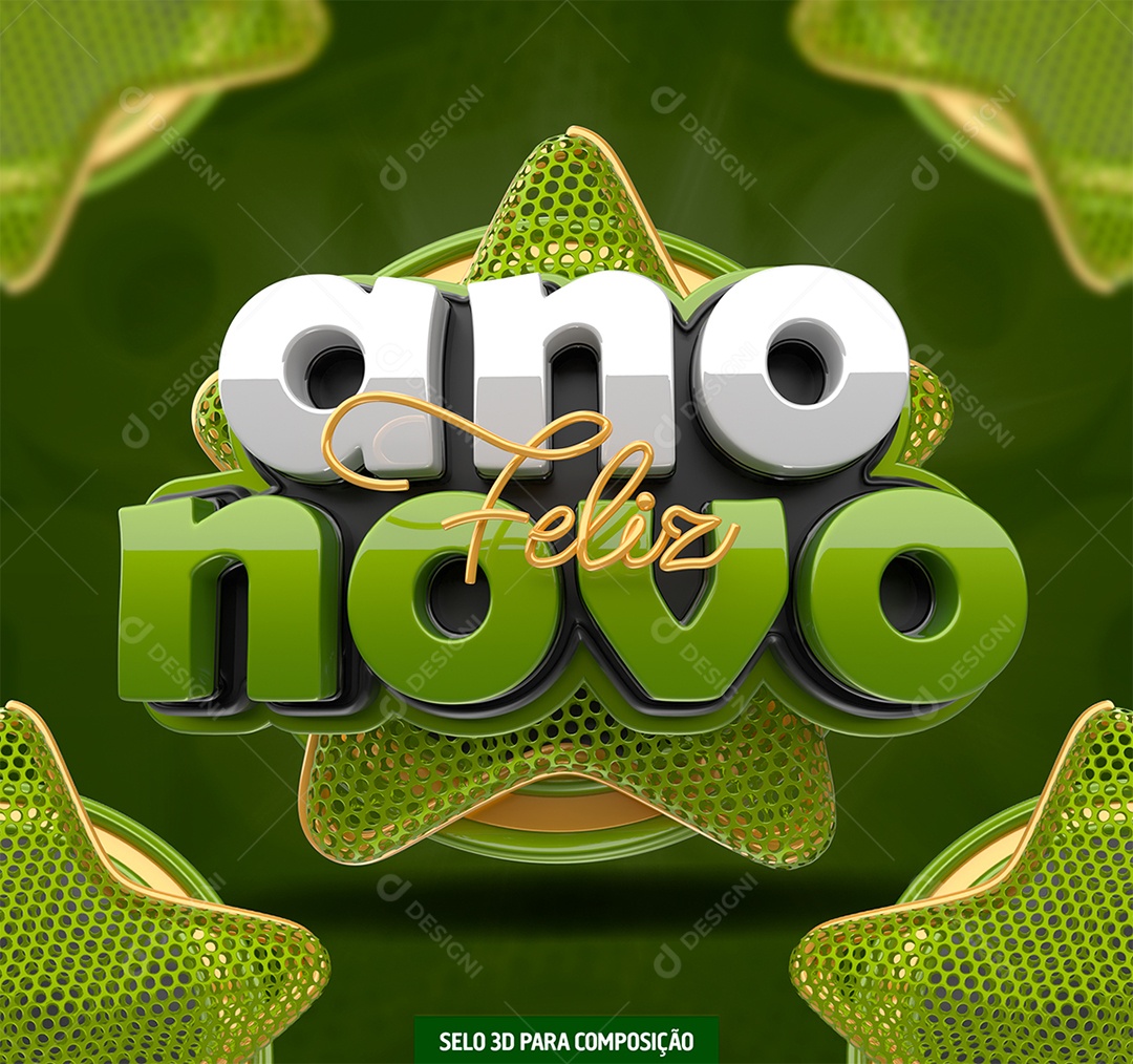 Feliz Ano Novo Selo 3D Branco e Verde para Composição PSD