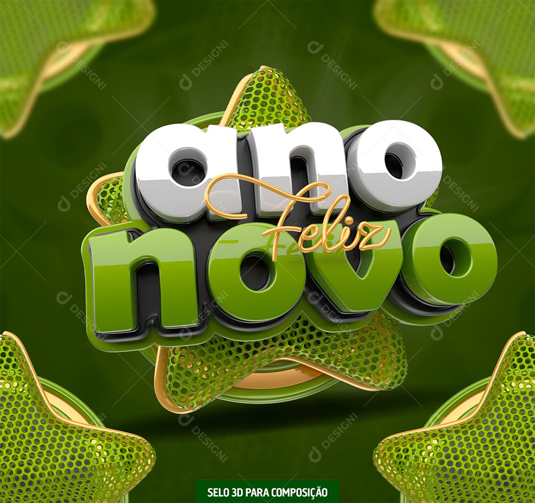 Feliz Ano Novo Selo 3D Branco e Verde para Composição PSD