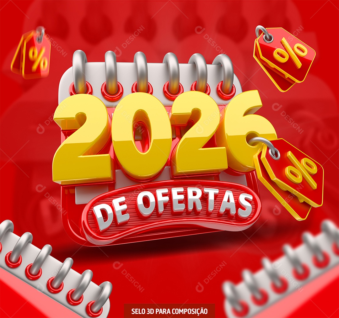 Selo 3D 2026 de Ofertas Dourado e Vermelho para Composição PSD