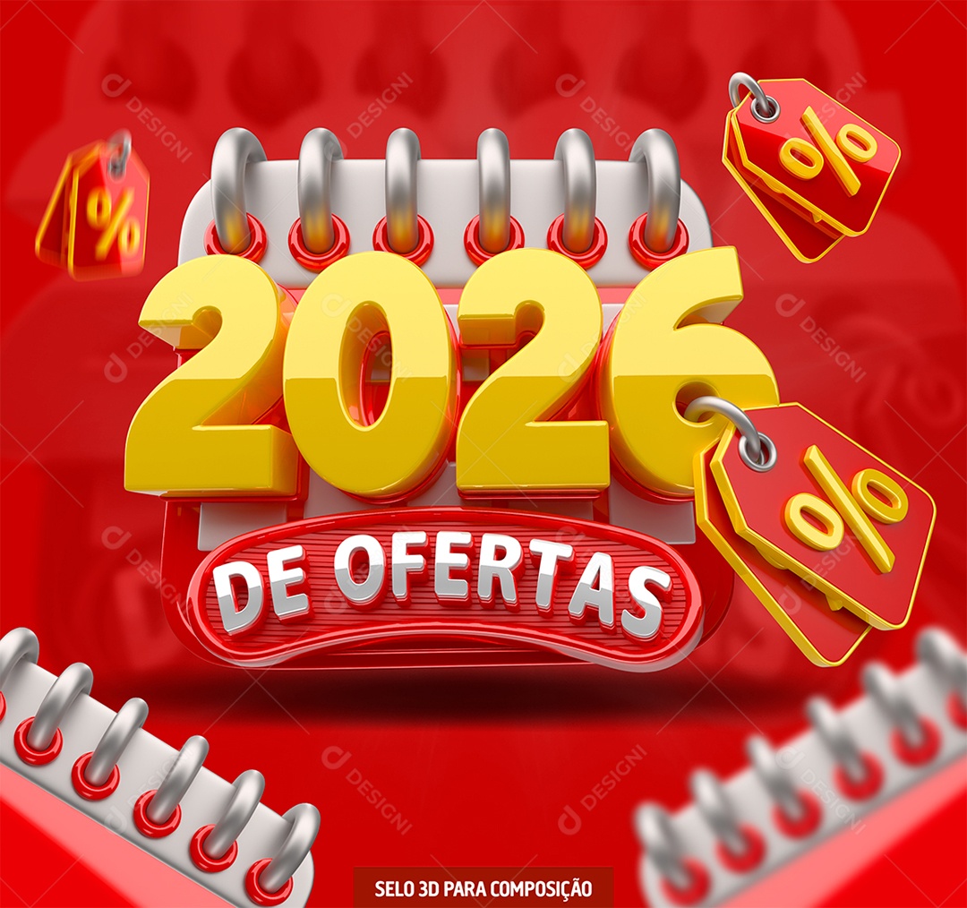 Selo 3D 2026 de Ofertas Dourado e Vermelho para Composição PSD