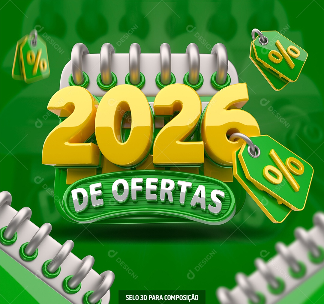 Selo 3D 2026 de Ofertas Dourado e Verde para Composição PSD