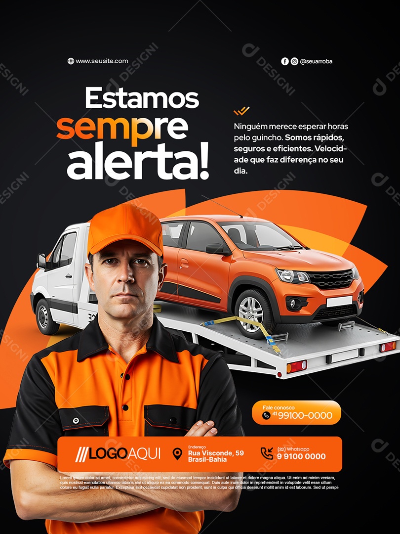 Reboque Guincho Estamos Sempre Alerta Social Media PSD Editável