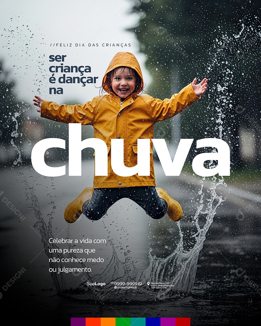 Feliz Dia das Crianças Ser Criança é Dançarrr Na Chuva 12 de Outubro Social Media PSD Editável