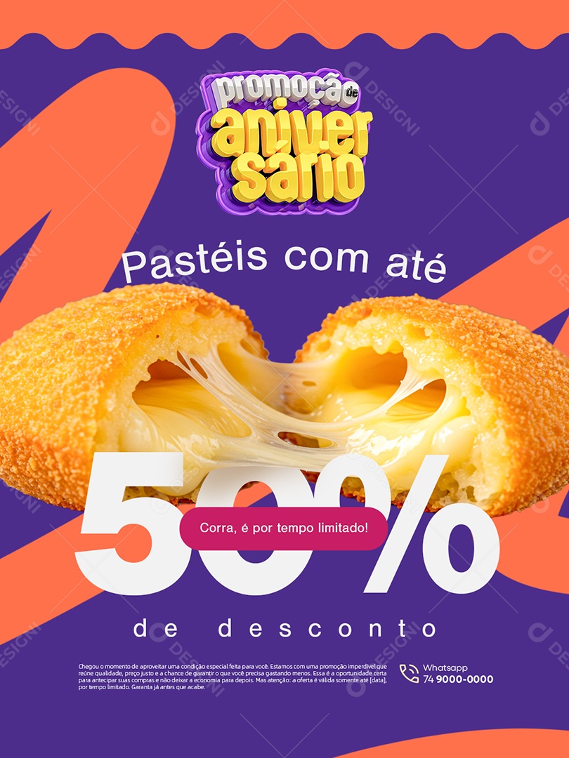 Promoção de Aniversario Pastelaria Pasteis com Descontos Social Media PSD Editável