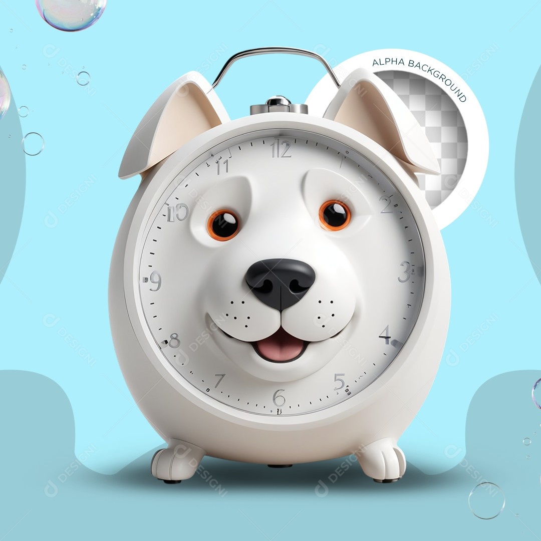 Elemento 3D Relógio Despertador Cachorro Branco para Composição PSD Editável