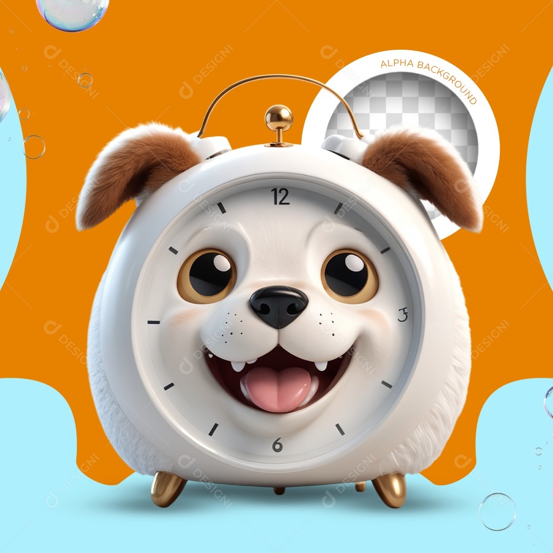 Elemento 3D Relógio Despertador Cachorro Laranja para Composição PSD Editável