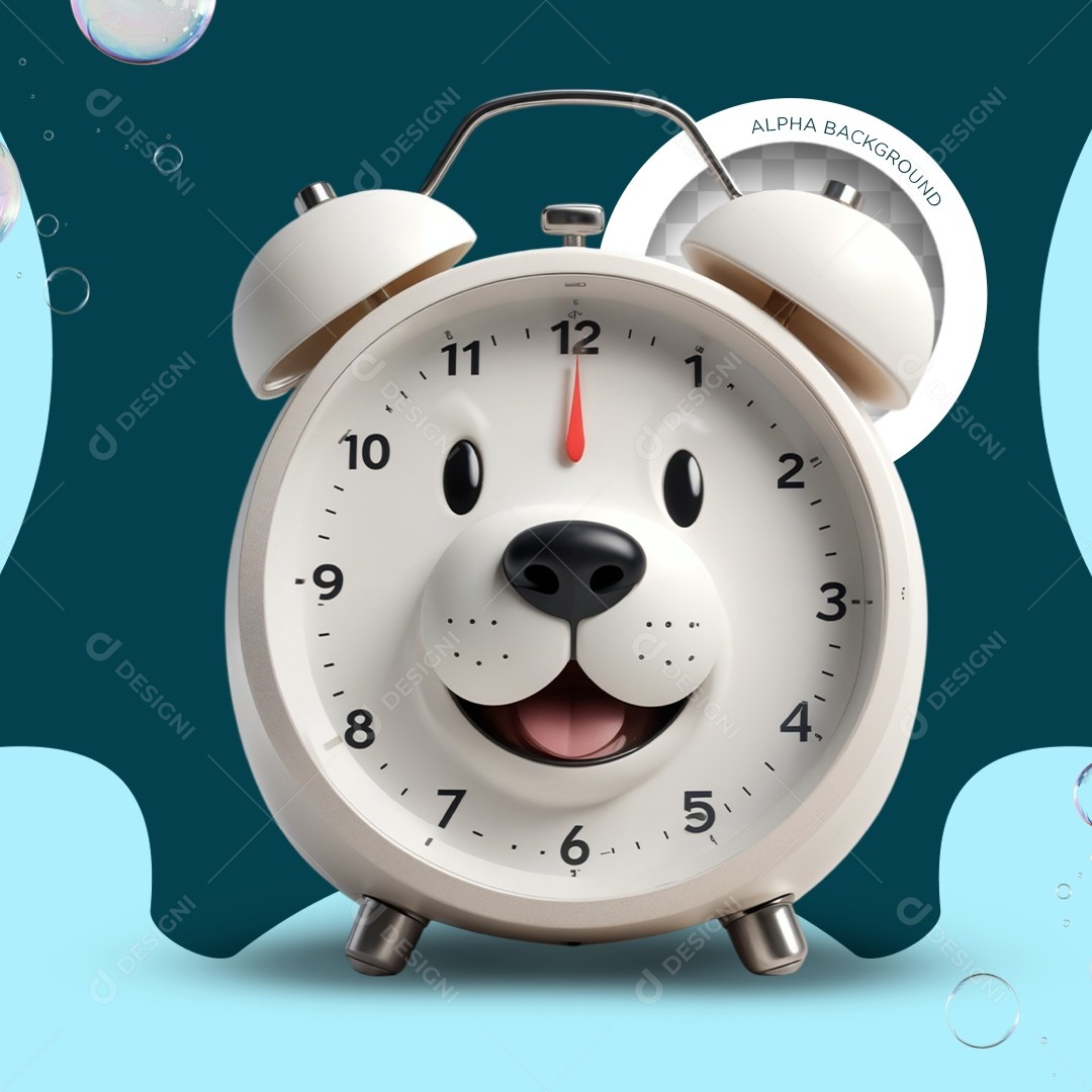 Elemento 3D Relógio Despertador Cachorro para Composição PSD Editável