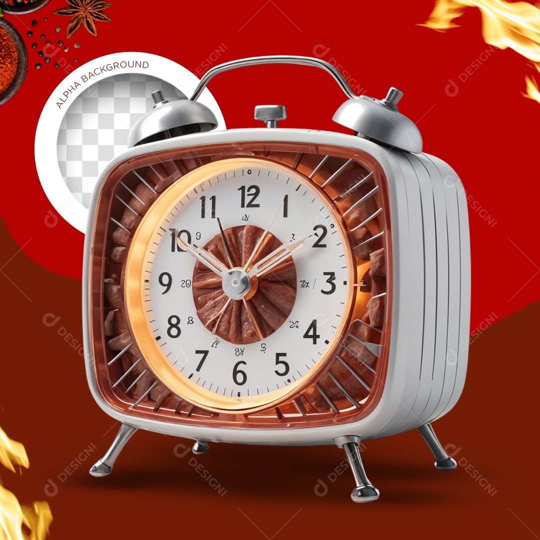Elemento 3D Relógio Despertador Churrasqueira para Composição PSD Editável
