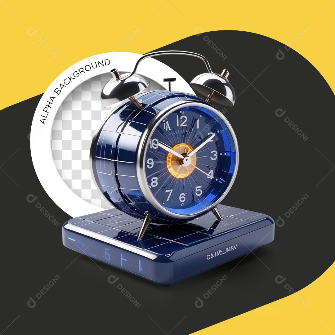 Elemento 3D Relógio Despertador Energia Solar para Composição PSD Editável