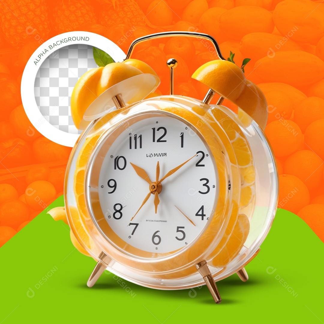 Elemento 3D Relógio Despertador Fruta Laranja para Composição PSD Editável