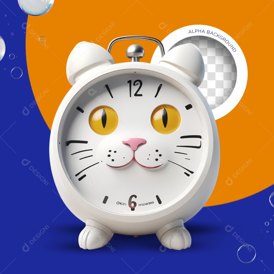 Elemento 3D Relógio Despertador Gato para Composição PSD Editável