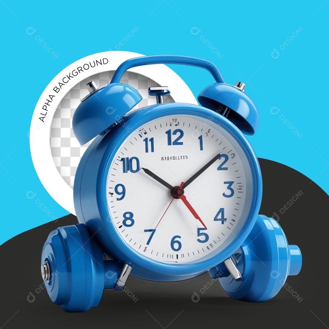Elemento 3D Relógio Despertador Halteres Academia Azul para Composição PSD Editável