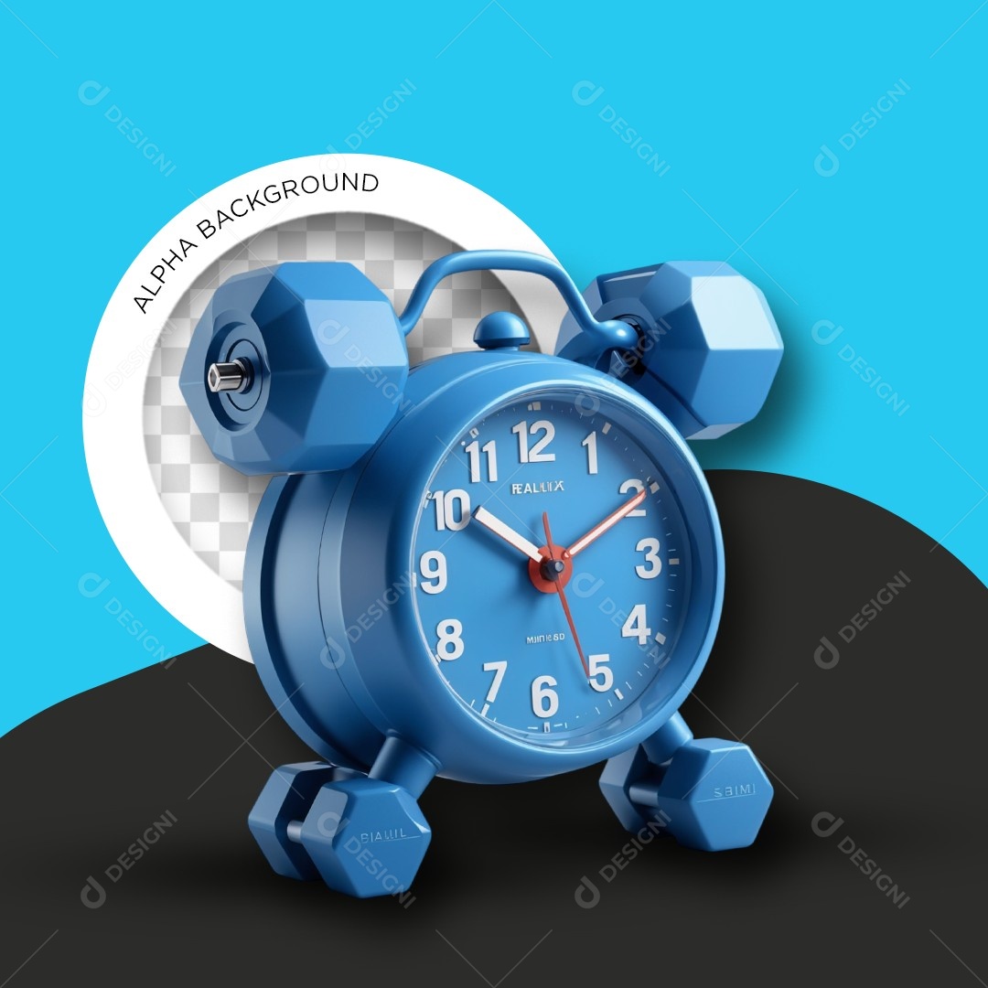 Elemento 3D Relógio Despertador Halteres Academia para Composição PSD Editável