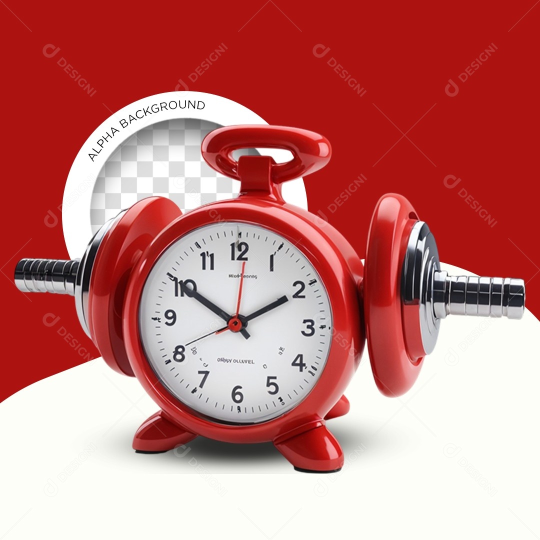 Elemento 3D Relógio Despertador Halteres Academia Vermelho e Branco para Composição PSD Editável